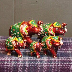 Vintage Papier Mache Red Enamel Decorated Elephants Lot of Five